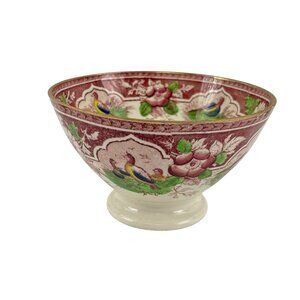 Antique PV France China Footed Pedestal Bowl With Bird & Floral Design Grannycor